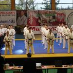 Zawodnicy karate stojący ustawieni w rzędach na macie
