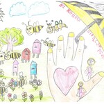 Rysunek przedstawiający dłoń, paraso i latające pszczoły