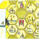 Dysunek przedstawiający plaster miodu z pszczołami.