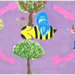 Rusunek przedstawiający pszczołę lecącą na mężczyzną i dwoma drzewami
