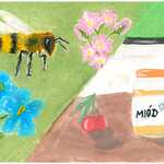 Rysunek przedstawiający pszczołę odok kwiatów i stolika na którym stoi słoik z miodem.