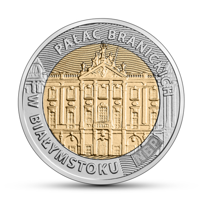 Rewers monety pięciozłotowej z Pałacem Branickich