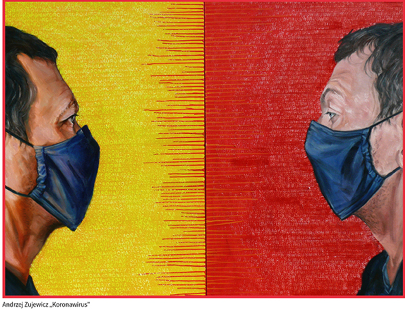 Grafika przedstawia twarze dwóch mężczyzn w maseczkach. Twarz z lewej na żółtym tle, a z prawej na tle czerwonym