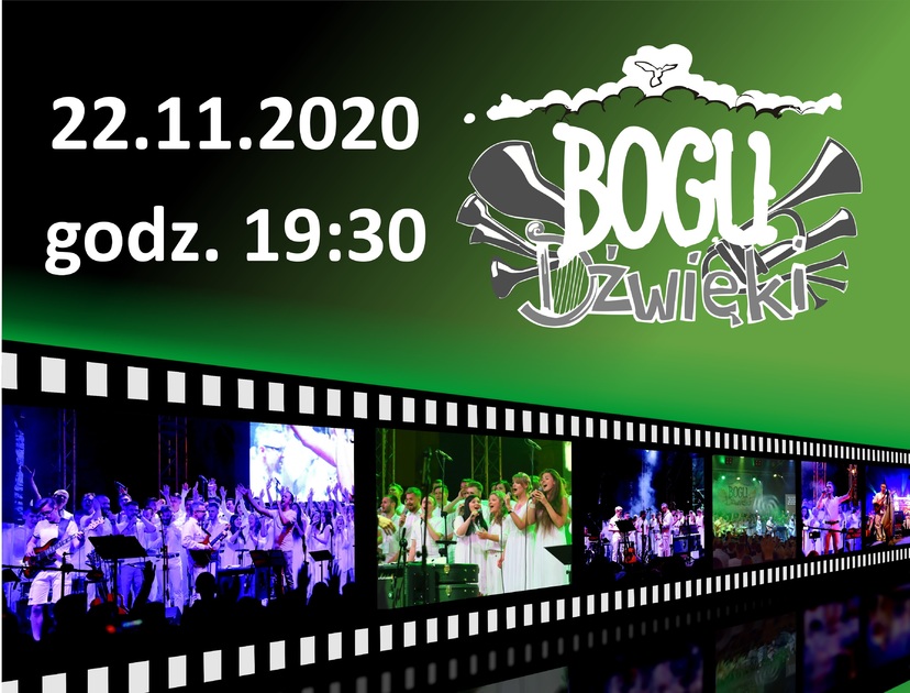 Grafika koncertu "Bogu Dźwięki" wraz z terminem i godziną koncertu oraz zdjęciami umieszczonymi na filmowych kliszach.