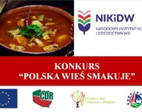 Grafika z ilustracją, na której jest zupa w naczyniu oraz napisem głównym Konkurs „Polska Wieś Smakuje”