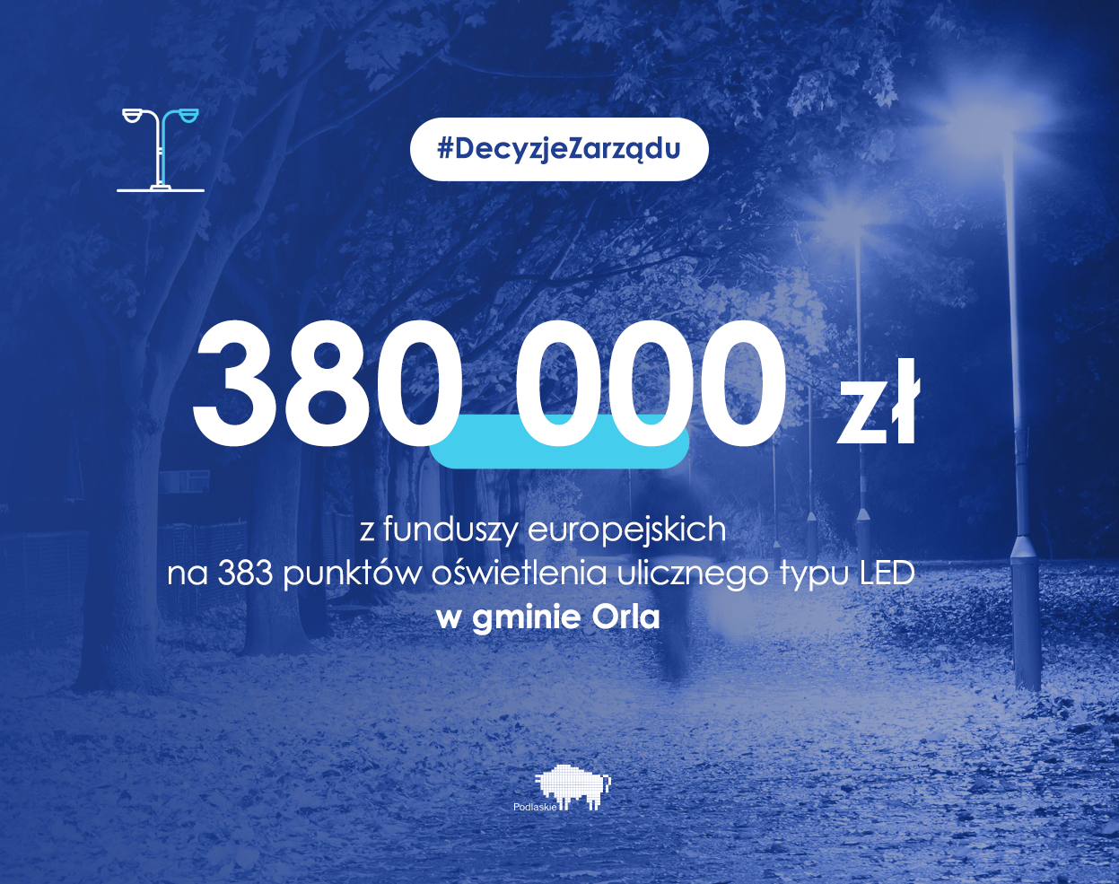 Grafika z napisem 380 000 zł z funduszy europejskich na 383 punktów oświetlenia ulicznego typu LED w gminie Orla