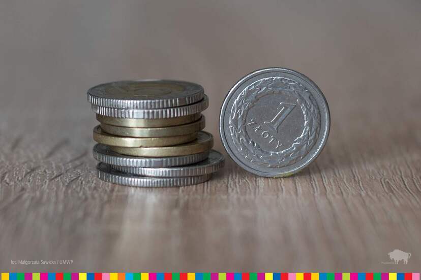 Monety leżące na stole i złotówka stojąca na kancie