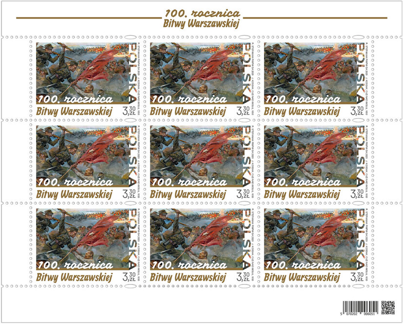 Zdjęcie przedstawia bloczek dziewięciu znaczków pocztowych przedstawiających scenę bitewną z napisem Polska i 100 rocznica Bitwy Warszawskiej.