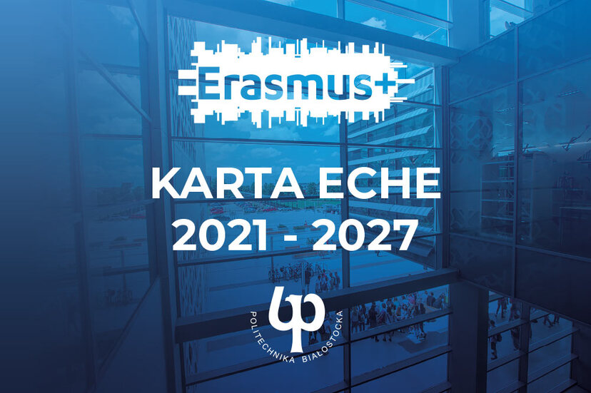Grafika przedstawiająca napis Erasmus+ karta-eche oraz logo Politechniki Białostockiej