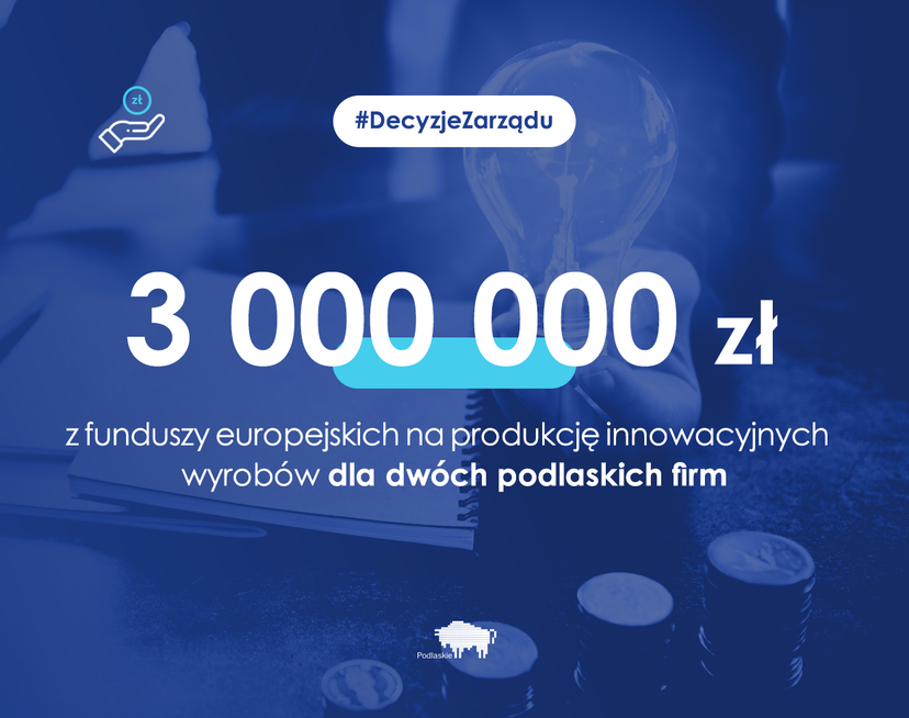Grafika informująca o dotacji 3 milionów złotych na produkcję innowacyjnych wyrobów