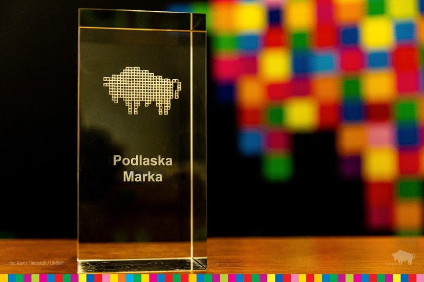 Statuetka Podlaskiej Marki - na szkle widoczny symbol województwa podlaskiego - żubr i napis Podlaska Marka. W tle kolorowe piksele.
