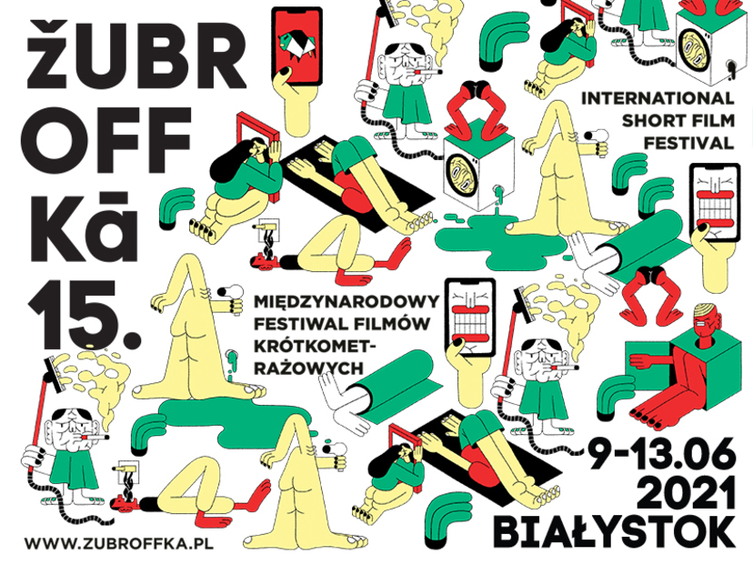 Grafika festiwalu Żubroffka. Kolorowe postacie podczas codziennych czynności.
