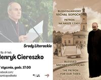 Plakat dotyczący Środy Literackiej z biskupem Ciereszką w Książnicy Podlaskiej