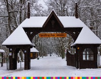 Drewniana brama z napisem Białowieski Park Narodowy. W tle ośnieżony las