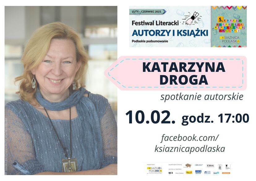 Plakat dotyczący spotkania z Katarzyną Drogą w Książnicy Podlaskiej