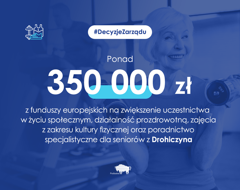 Niebieska grafika z kwotą 350 tys. zł z funduszy europejskich na zajęcia prozdrowotne dla seniorów z Drohiczyna