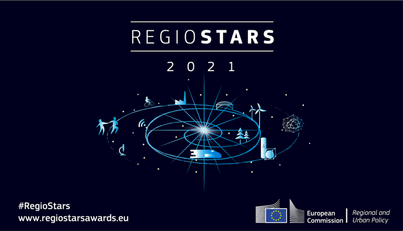 Plakat z grafiką nawiązującą do kosmosu i napisem Regiostars 2021.