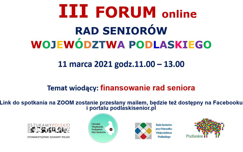 Grafika z informacją o III Forum Rad Seniorów Województwa Podlaskiego.
