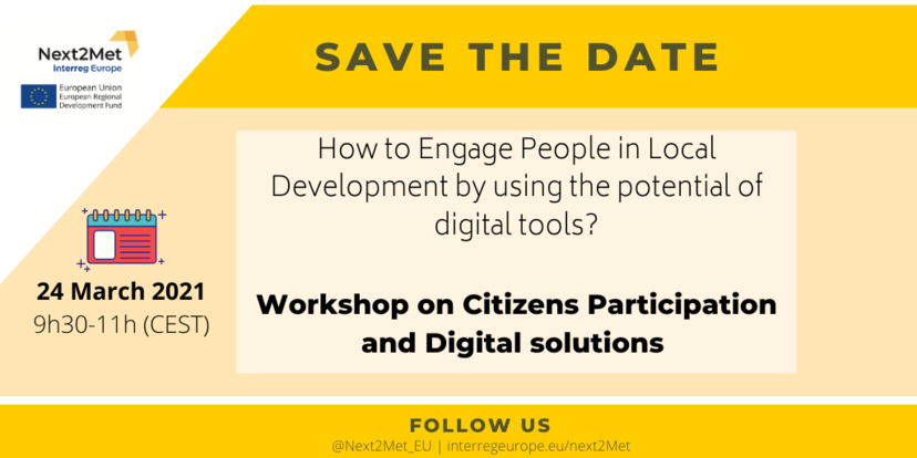 Grafika informująca o warsztatach dotyczących udziału obywateli w rozwoju lokalnym oraz o wykorzystaniu cyfrowych rozwiązań