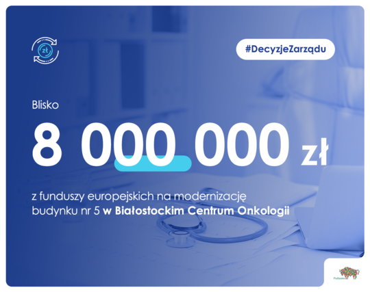 Grafika z napisem 8 000 000 z funduszy europejskich na modernizację budyko w Białostockim Centrum Onkologicznym