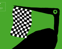 Grafika artystyczna prezentująca kształt czarnego ptaka na zielonym tle