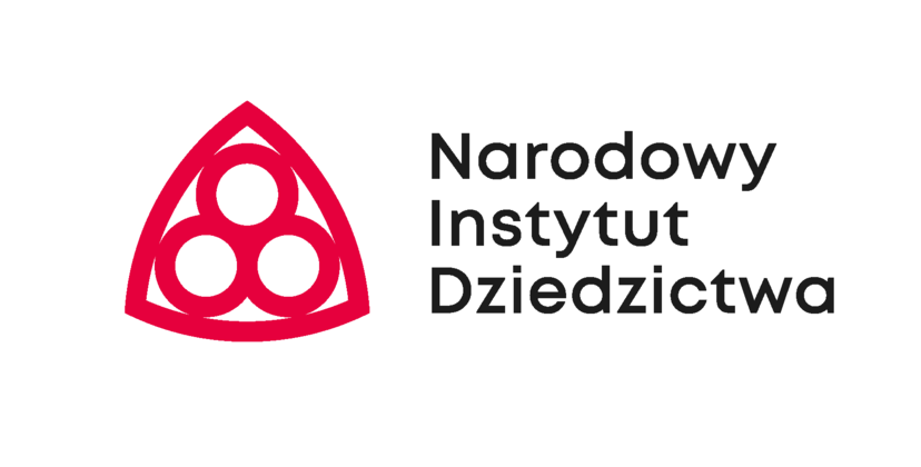 Czerwony trójkąt na białym tle i napis Narodowy Instytut Dziedzictwa