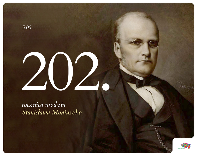 Zdjęcie Stanisława Moniuszko. Obok informacje o 202. rocznicy jego urodzin.
