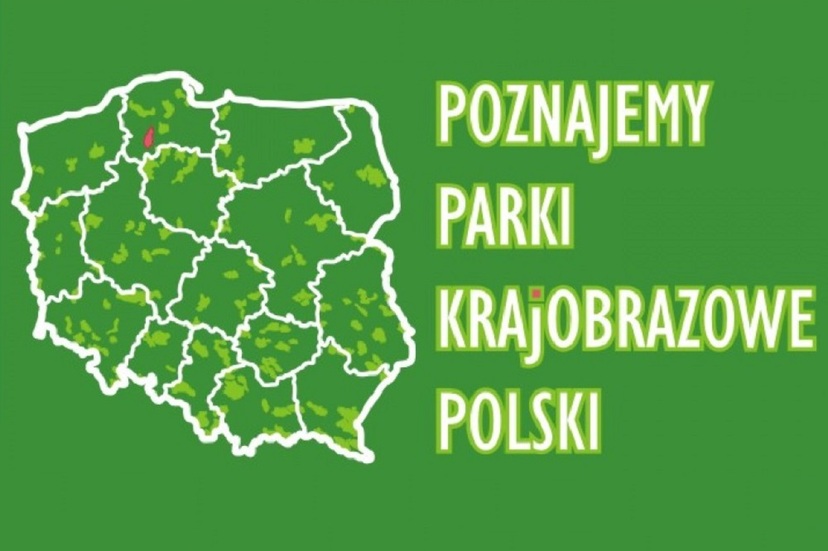 Mapa Polski z granicami województw na zielonym tle. Obok napis "Poznajemy Parki Krajobrazowe Polski"