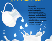 Program Światowego Dnia Mleka. Rysunek przechylonego dzbanka z wylewającym się mlekiem