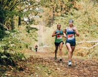 Dwóch biegaczy biegnie leśną trasą