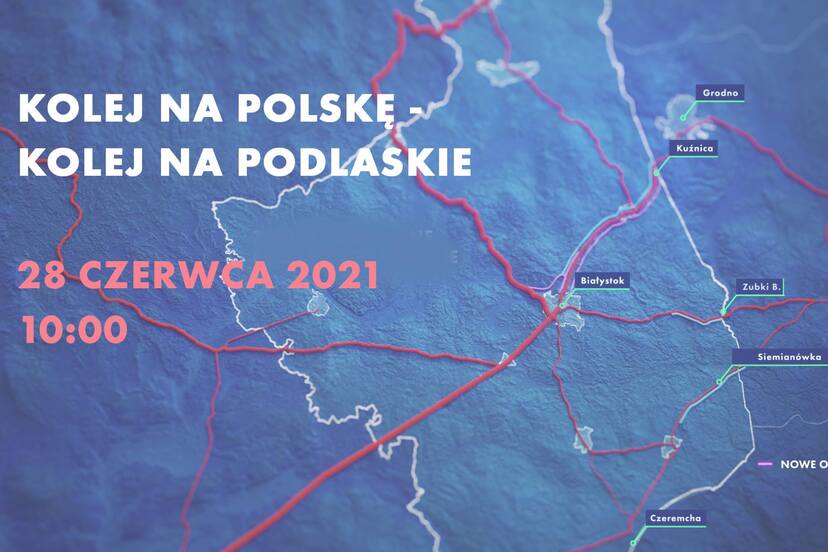 Mapa województwa podlaskiego na niebieskim tle wraz ze sloganem