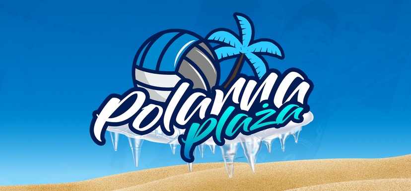Baner z biało niebieskim napisem "Polarna Plaża" z piłką siatkową i palmą