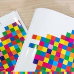 Dokumenty leżące w teczkach z kolorowymi kwadracikami, które tworzą kształt żubra