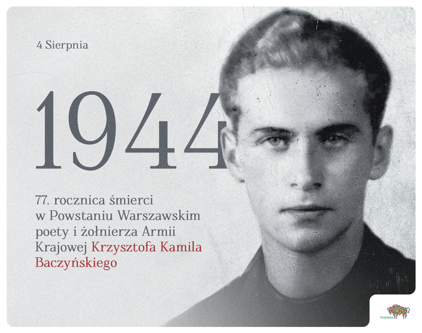 Młody mężczyzna na czarno białej fotografii. W tle za nim widoczna liczba "1944" oraz treść
