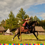 Mężczyzna jadąc szybko na koniu rozcina szablą kapustę stojącą na kiju