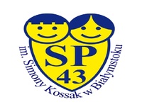 Logo SP nr 43 w Białymstoku - żółta tarcza z granatową obwódką, u góry twarze dzieci - chłopca i dziewczynki