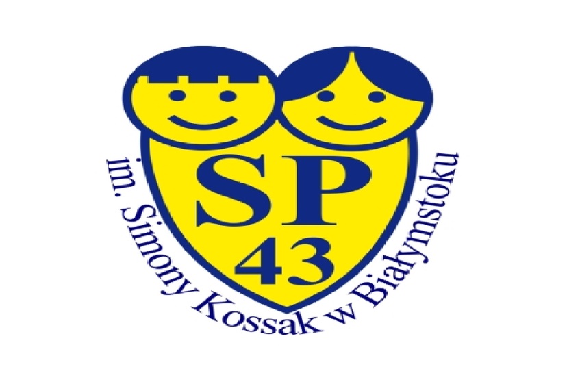 Logo SP nr 43 w Białymstoku - żółta tarcza z granatową obwódką, u góry twarze dzieci - chłopca i dziewczynki