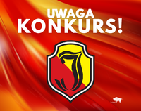 Logo Jagiellonii na czerwonym tle z napisem Uwaga Konkurs!