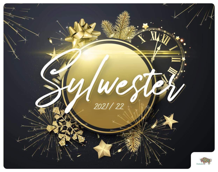 Napis: "Sylwester 2021/22" na czarnym tle ze złotymi elementami