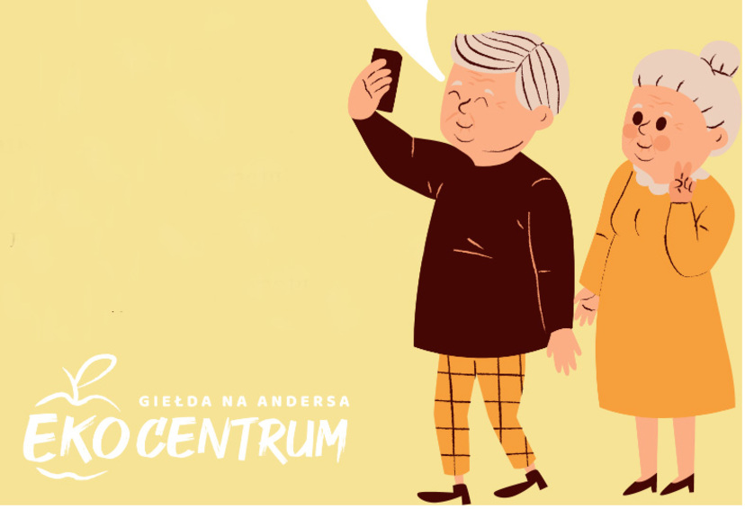 Po prawej babcia i dziadek w trakcie robienia selfie. Po lewej logo giełdy.
