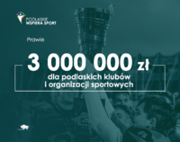 W tle dłonie trzymające puchar. Po środku napis: 3 mln zł dla podlaskich klubów i organizacji sportowych.