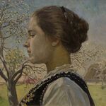 obraz przedstawiający kobietę, w tle widoczne kwitnące drzewa