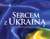 Fragment plakatu koncertowego. NIebiesko-żółte tło, napis Sercem z Ukrainą po środku. Na górze nazwy organizatorów (w tekście)