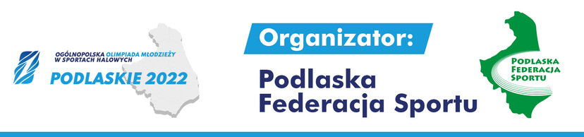 logo Ogólnopolskiej Olimpiady Młodzieży w sportach halowych Podlaskie 2022 oraz Podlaskiej Federacji Sportu w Białymstoku