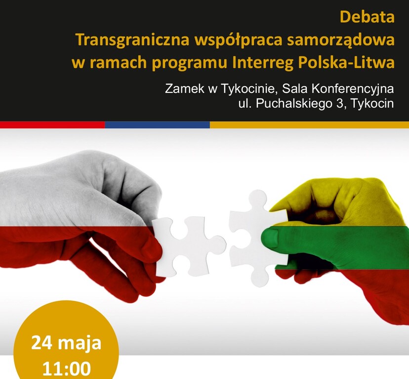 Dwie dłonie w barwach narodowych Polski i Litwy trzymają  puzle.
