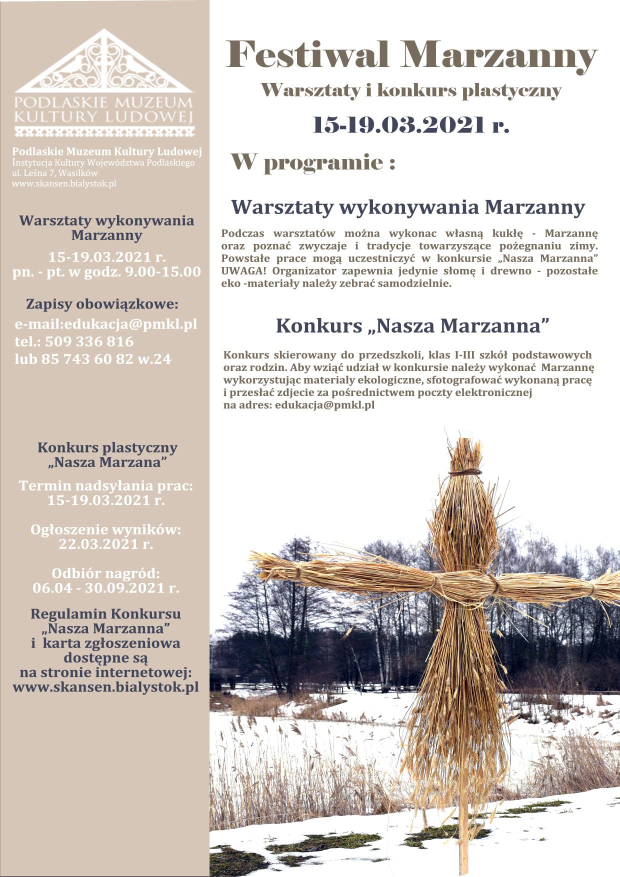 Plakat informujący o warsztatach i konkursie dotyczącym Festiwalu Marzanny