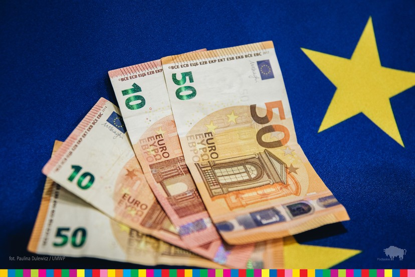 Banknoty euro na tle flagi unijnej