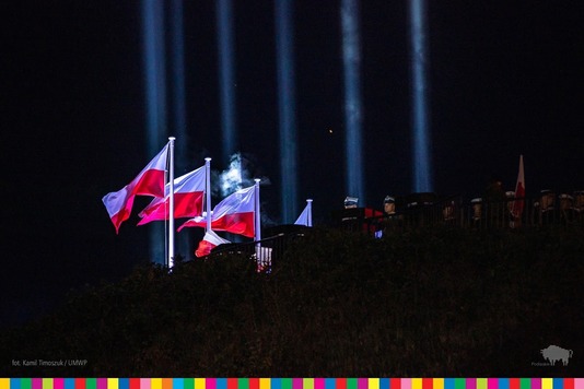 Oświetlone maszty z biało-czerwonymi flagami. W tle promienie świetlne