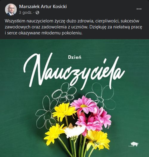 Życzenia marszałka Artura Kosickiego na Facebook'u z okazji Dnia Nauczyciela.